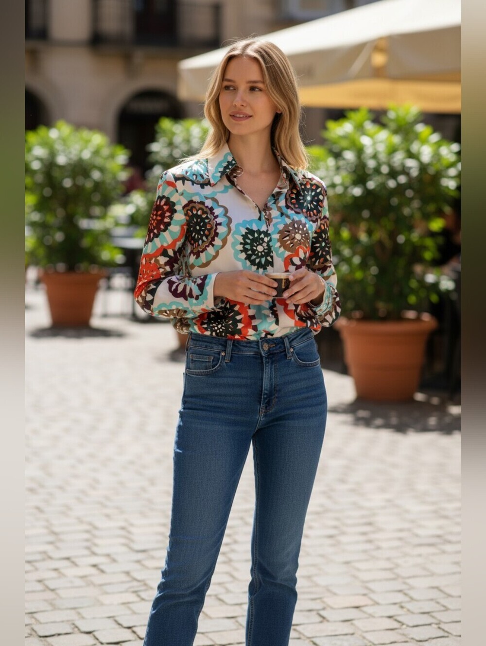 Escada Multicolor Floral Print Blouse in Cream, Turquoise & Coral